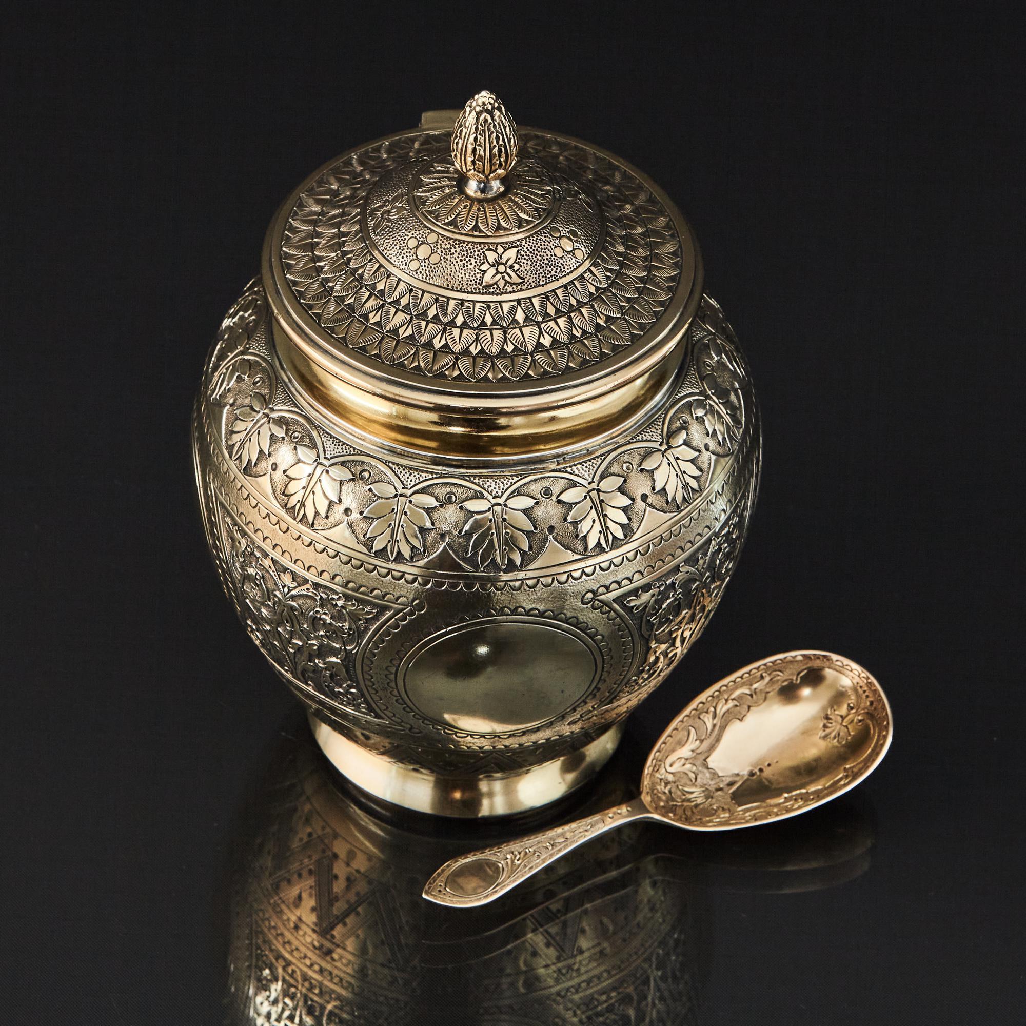 Vermeil Victorian Silver-Gilt Tea Caddy and Spoon