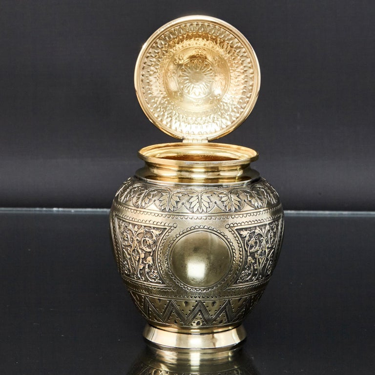 Victorian Silver-Gilt Tea Caddy and Spoon For Sale 1