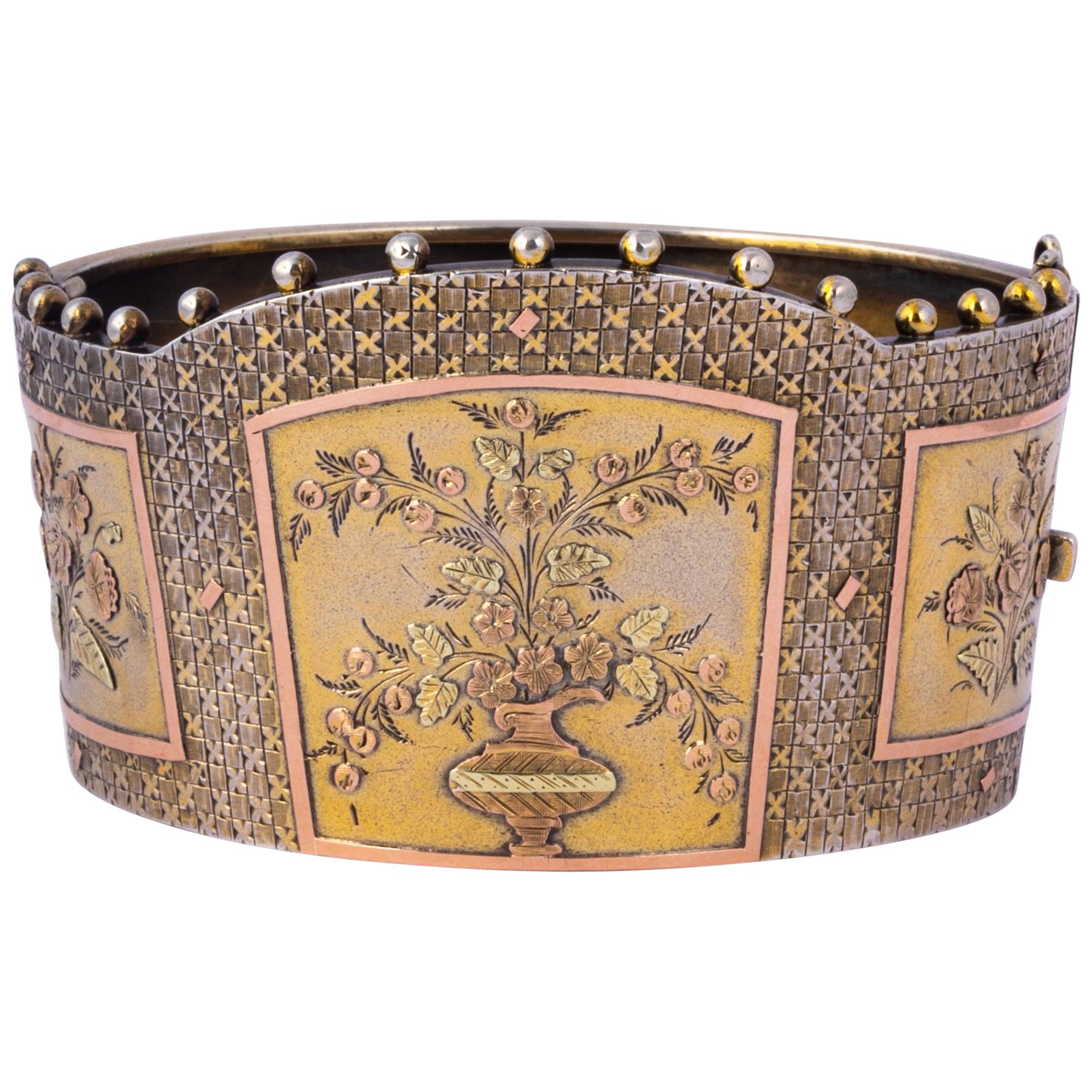 Victorian Silver Gilt, Yellow Gold and Rose Gold Bangle For Sale