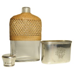 Victorian Silver & Glass Hip Flask, Rattan Grip by William Schofield London 1874