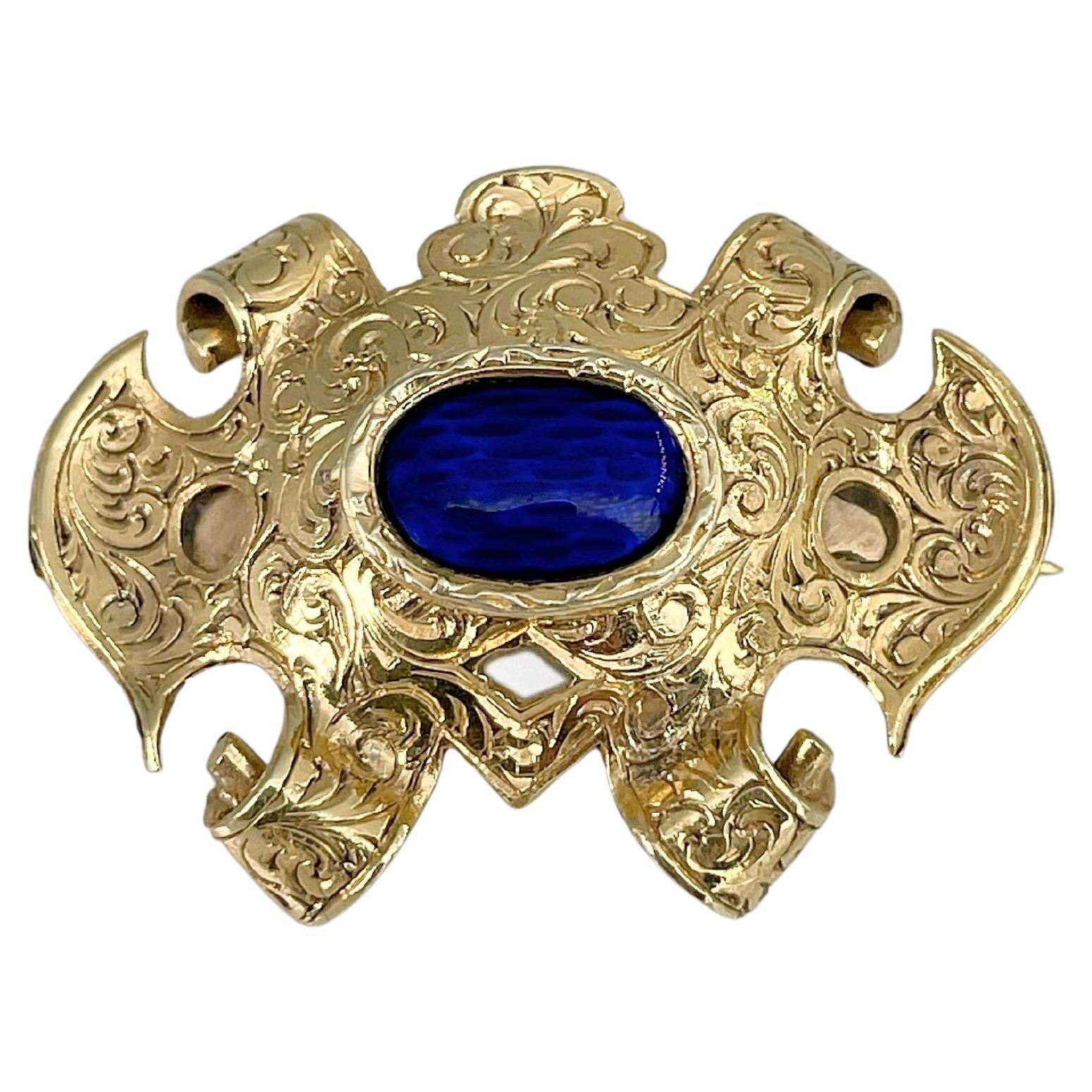 Victorian Silver Gold Blue Enamel Ornamented Pin Brooch