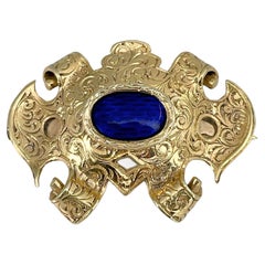 Victorian Silver Gold Blue Enamel Ornamented Pin Brooch