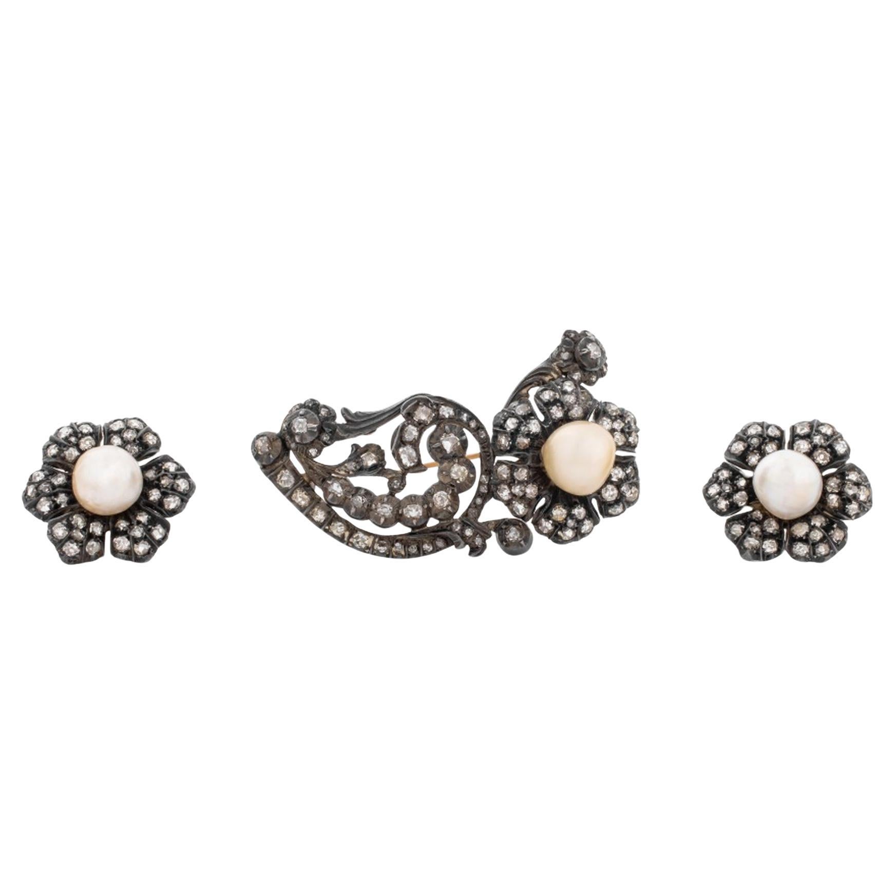 Juego victoriano de joyas de plata y oro con diamantes y perlas