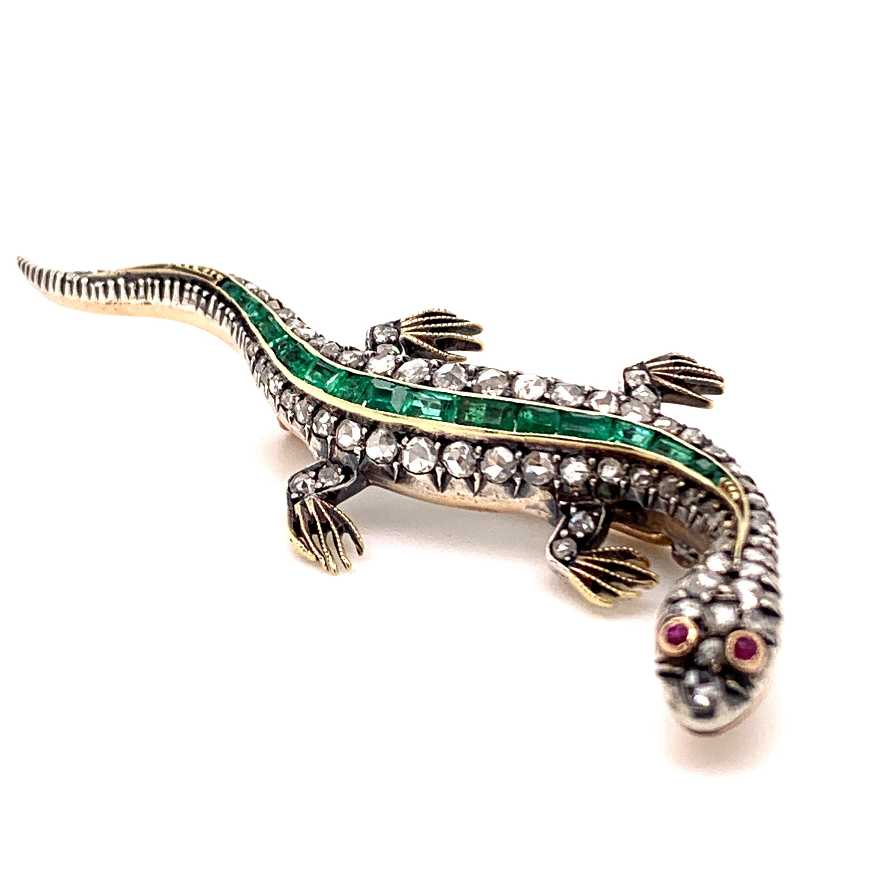 Rose Cut Victorian Silver and Gold Lizard Pin