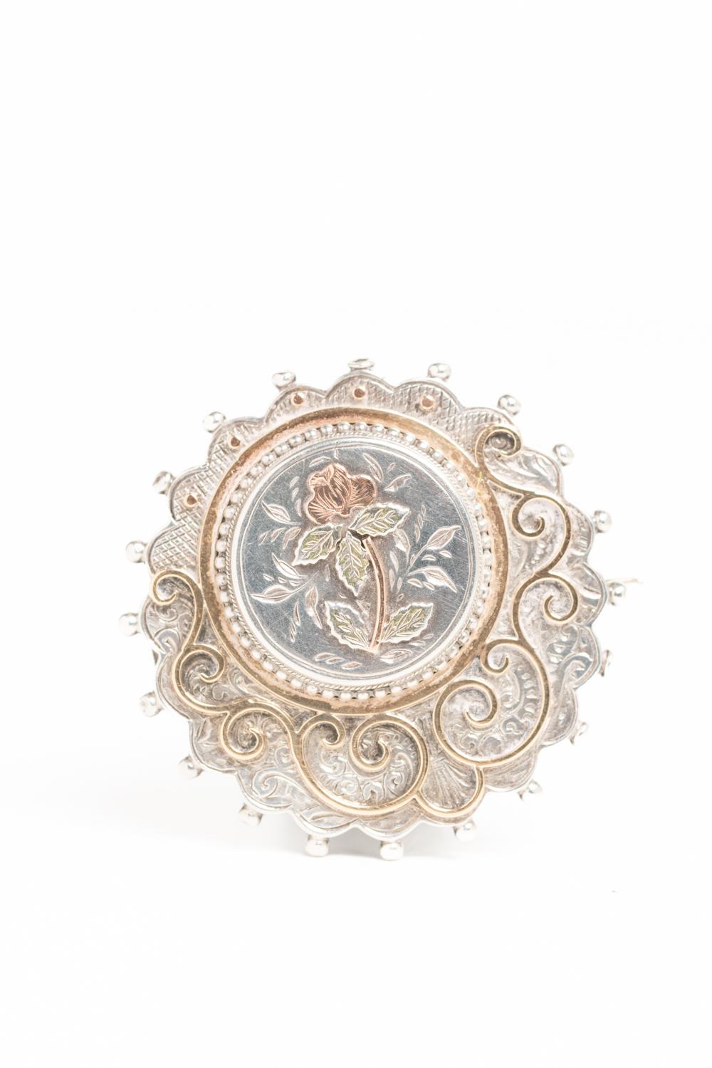 Victorian Silver & Gold Overlay Brooch with Rose Motif In Good Condition For Sale In Portland, England