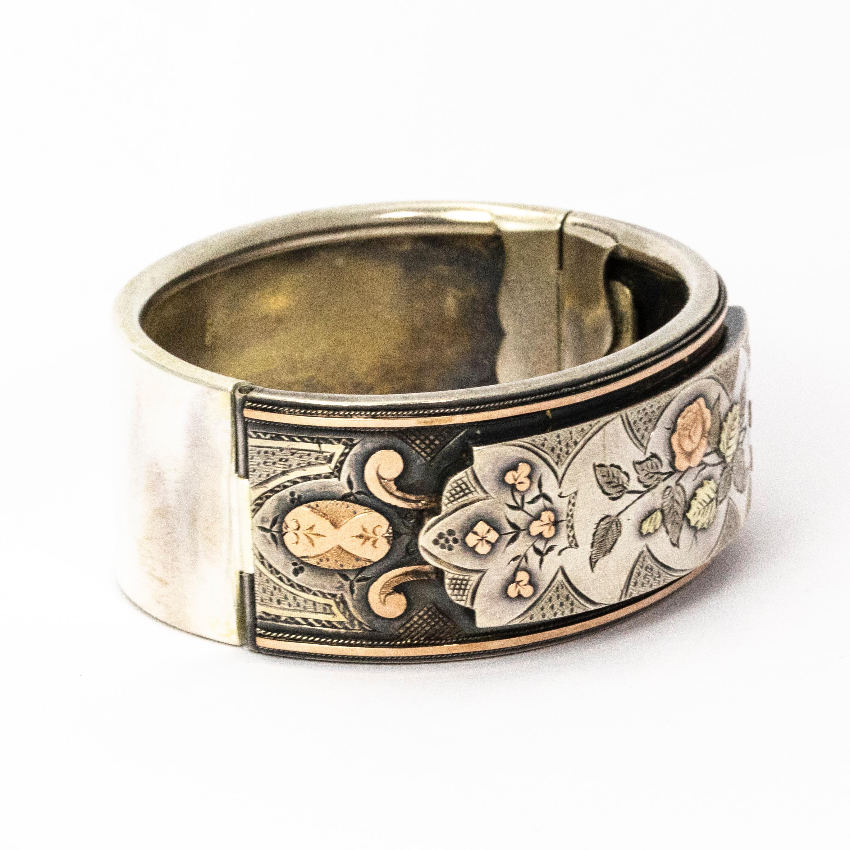 Victorian Silver Gold Overlay Foliate Bangle In Good Condition In Chipping Campden, GB