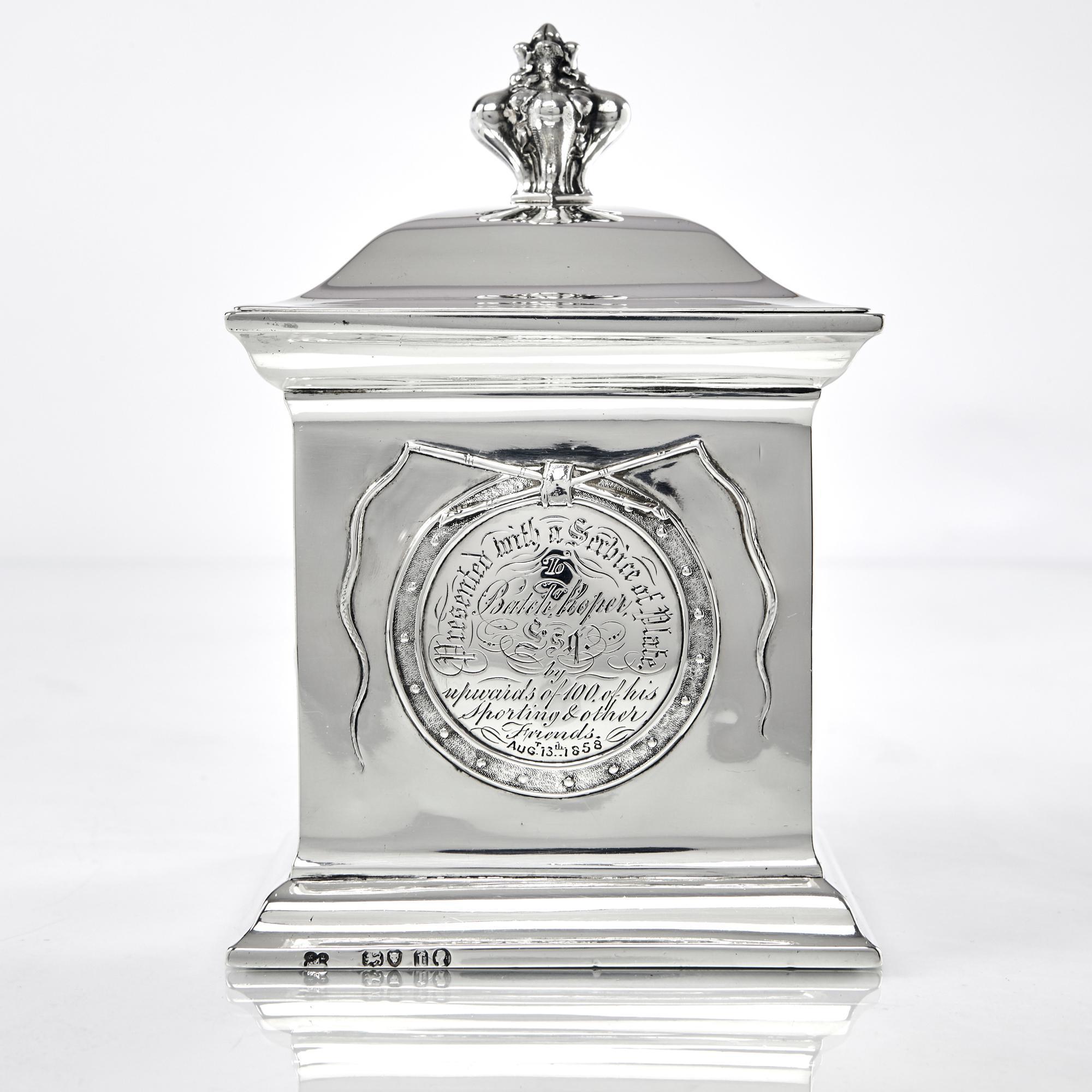 Rare, handmade, Victorian silver tea caddy box with a paneled, lift-off cover and finial featuring stylised oak leaves. Three of the square silver faces are hand chased with images on a fox hunting theme: a sitting fox, a hunting hound and a pair of