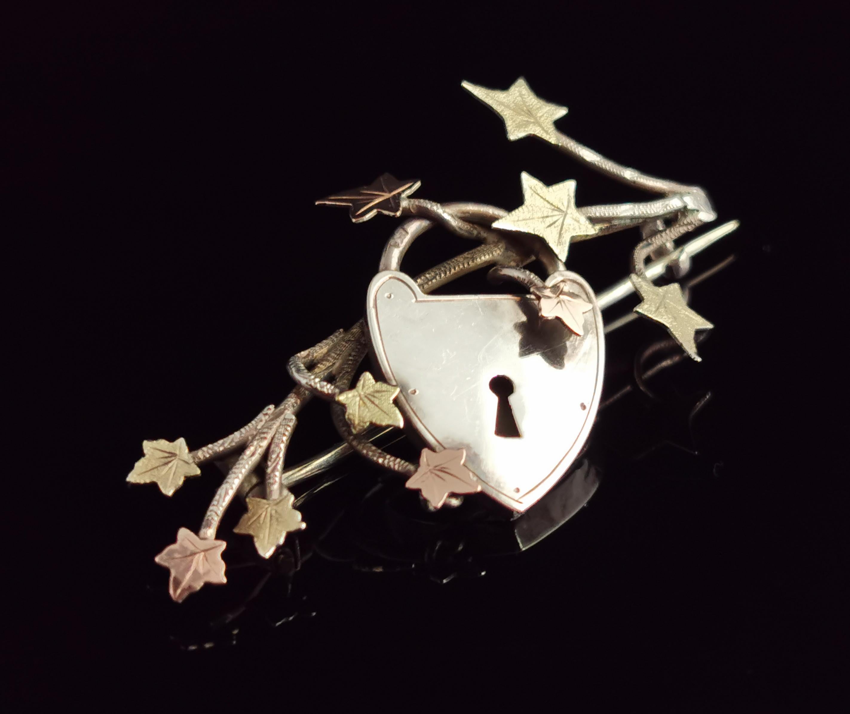 Victorian silver Ivy leaf and Heart padlock brooch, 9k gold, Aesthetic  1