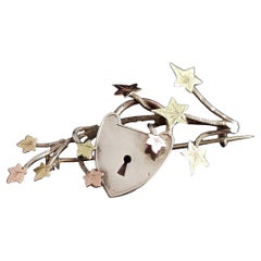 Victorian silver Ivy leaf and Heart padlock brooch, 9k gold, Aesthetic 