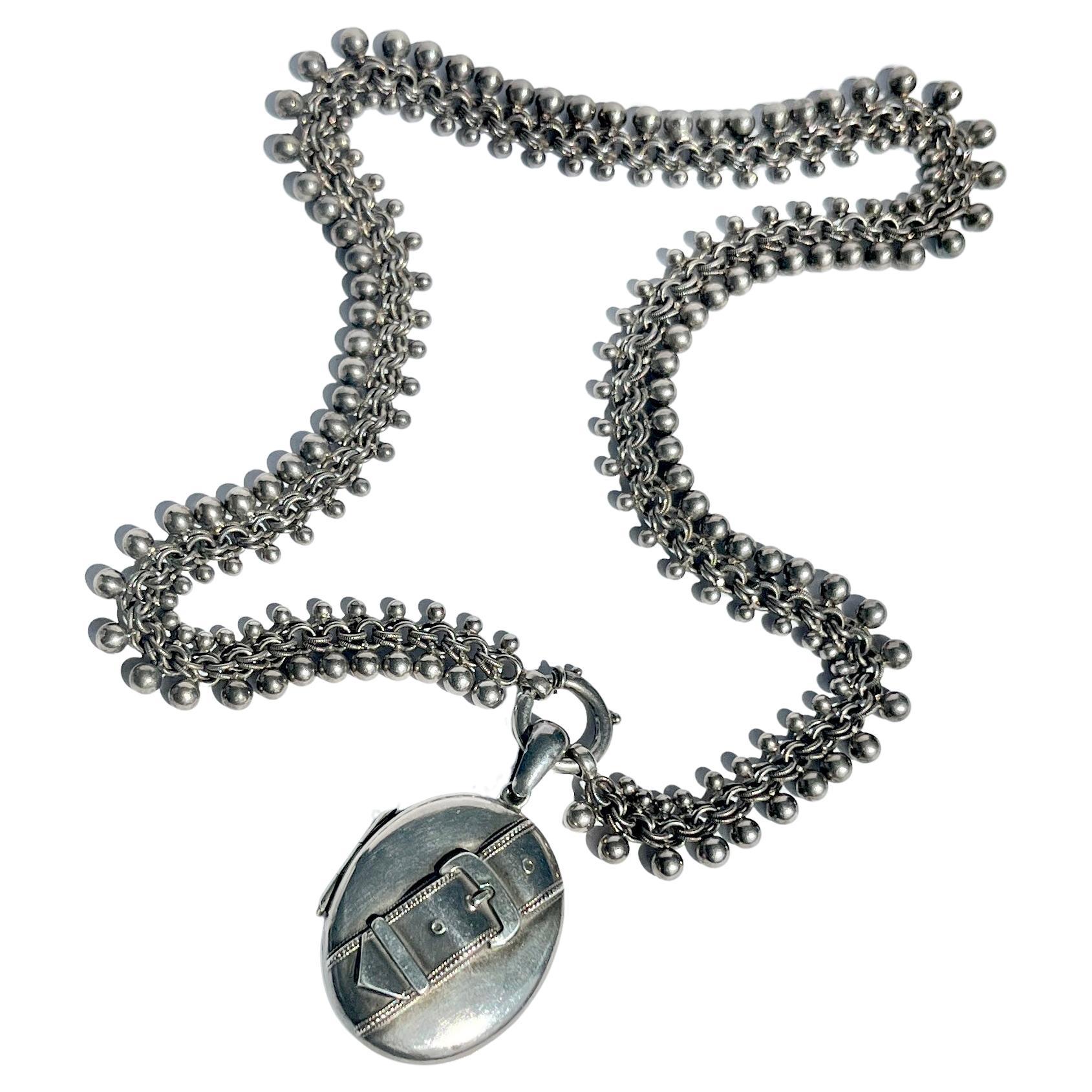 Victorian Silver Locket and Fancy Necklace For Sale