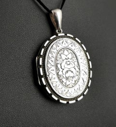 Victorian Silver Locket Pendant, Ivy and Floral Engraved