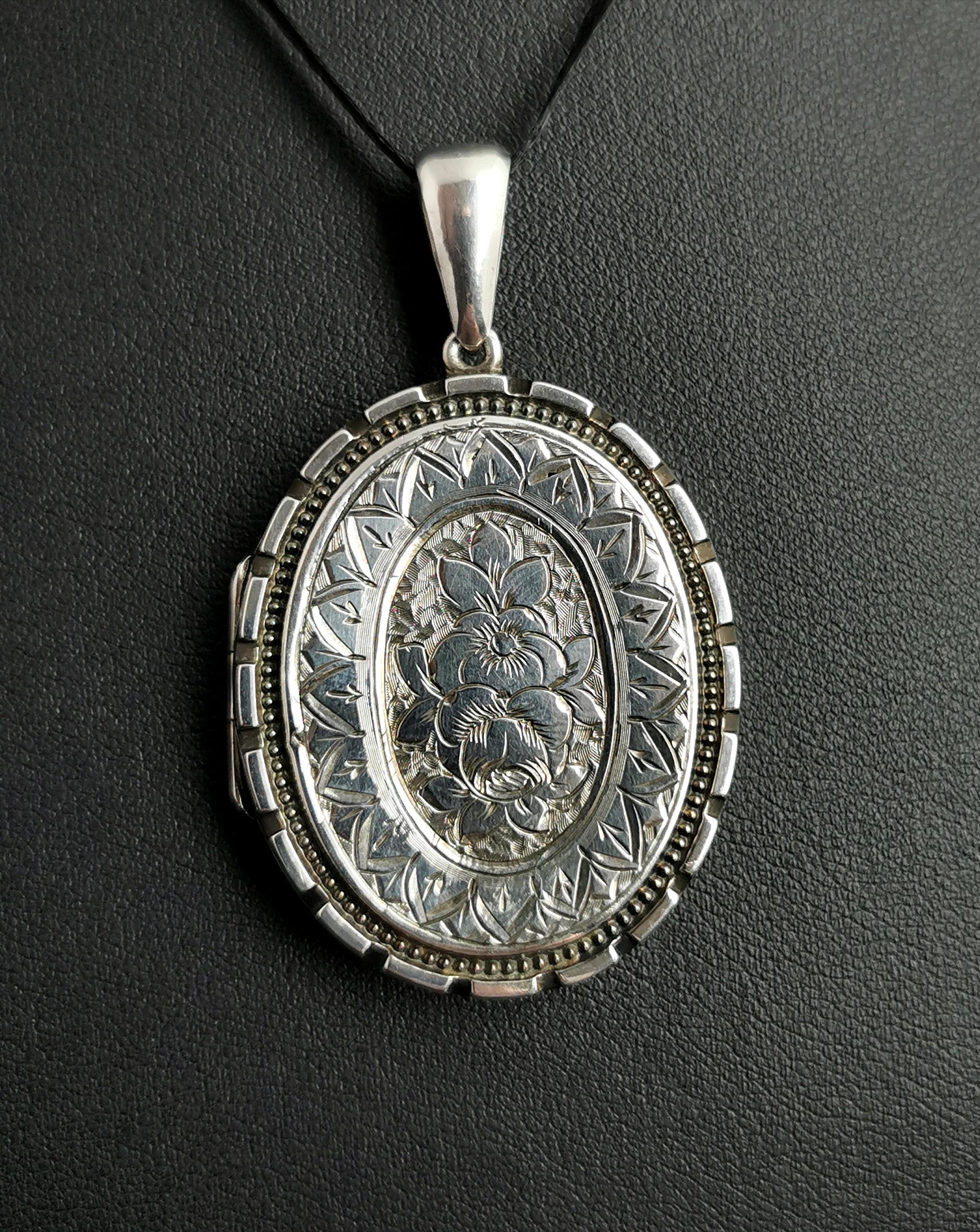 Aesthetic Movement Victorian Silver Locket Pendant, Ivy and Floral Engraved