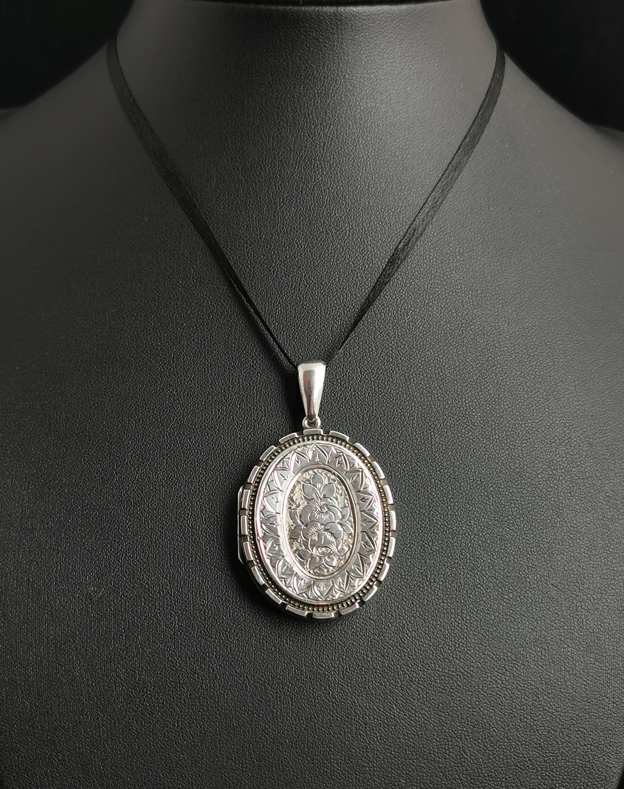 Victorian Silver Locket Pendant, Ivy and Floral Engraved 1