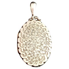 Antique Victorian Silver Locket Pendant, Leaf Engraved