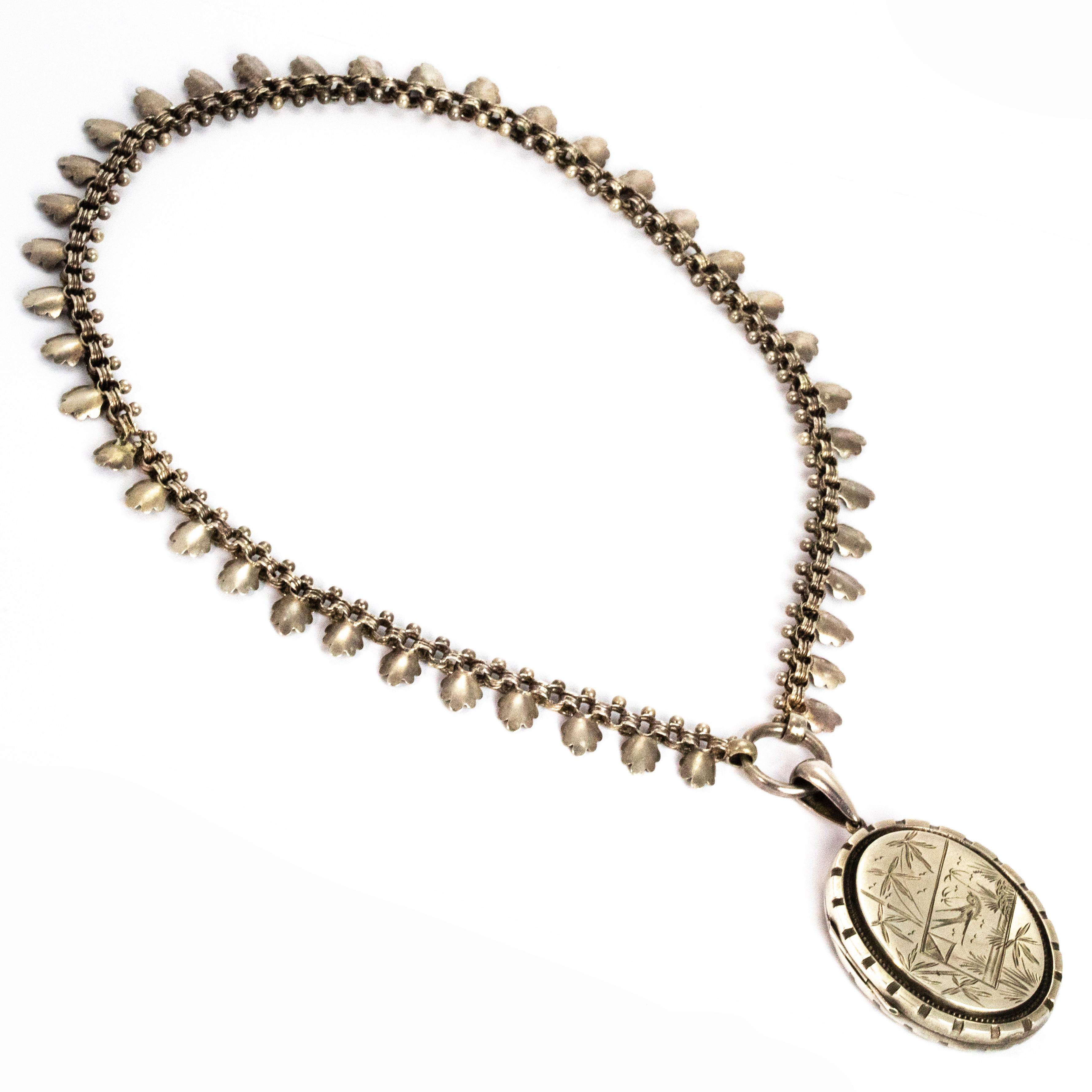 Women's or Men's Victorian Silver Locket with Bird and Floral Detail