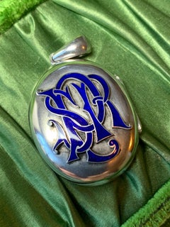 Victorian Silver Locket with Royal Blue Enamel Monogram