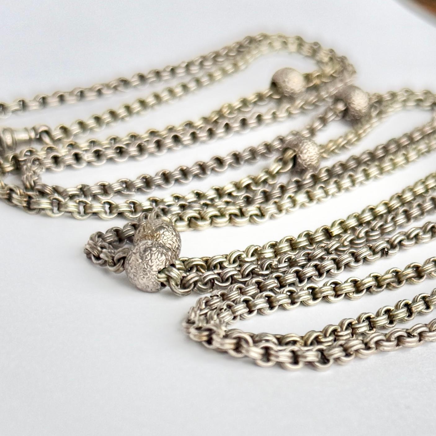 Women's or Men's Victorian Silver Longuard Necklace With Decorative Orbs For Sale
