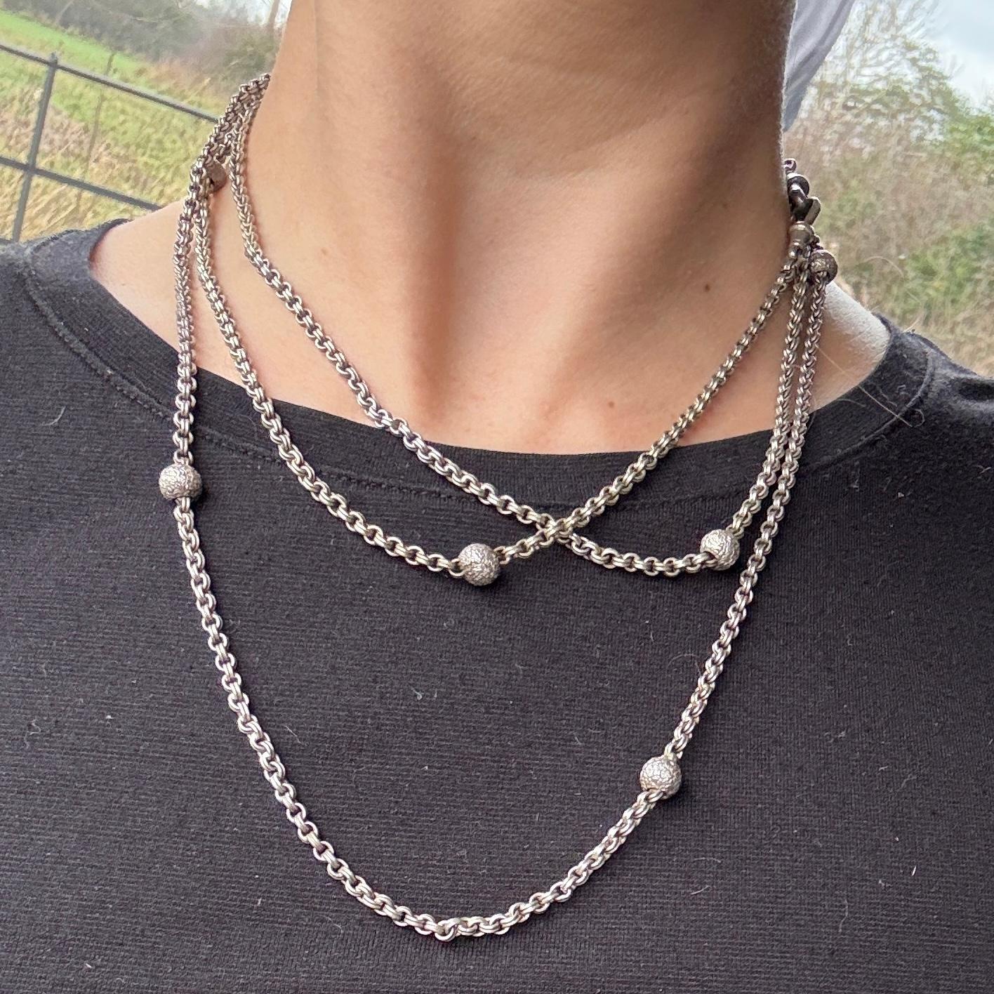 Victorian Silver Longuard Necklace With Decorative Orbs For Sale 1