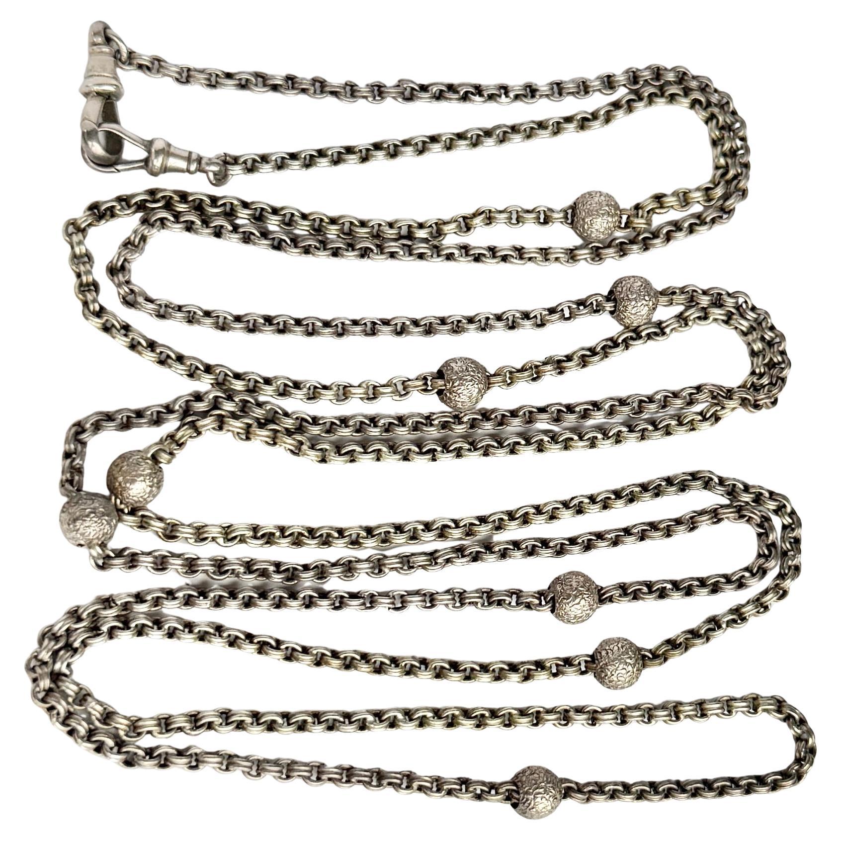 Victorian Silver Longuard Necklace With Decorative Orbs For Sale