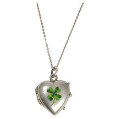 Victorian Silver Lucky Enamel Clover Heart Charm, Circa 1900