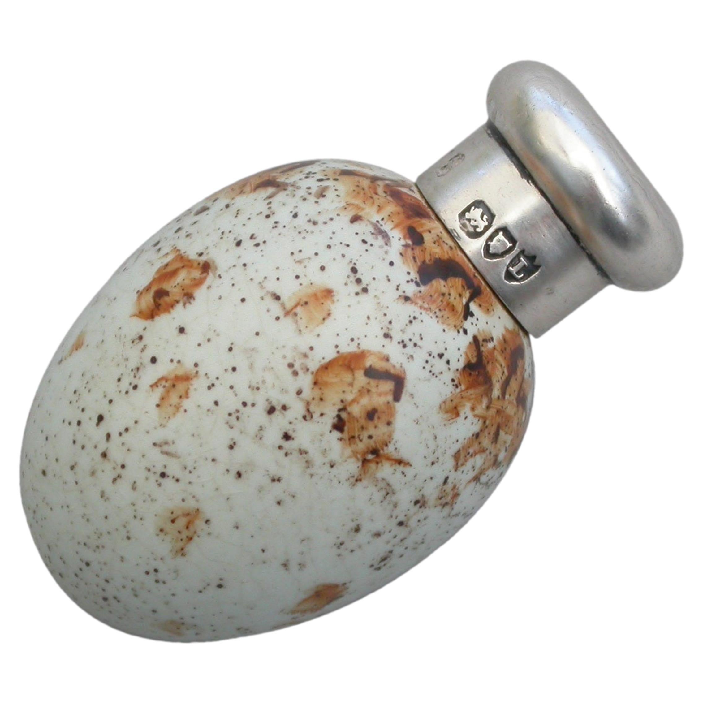 Victorian Silver & MacIntyre Ceramic Marsh Warblers Egg Scent Bottle, 1886 For Sale