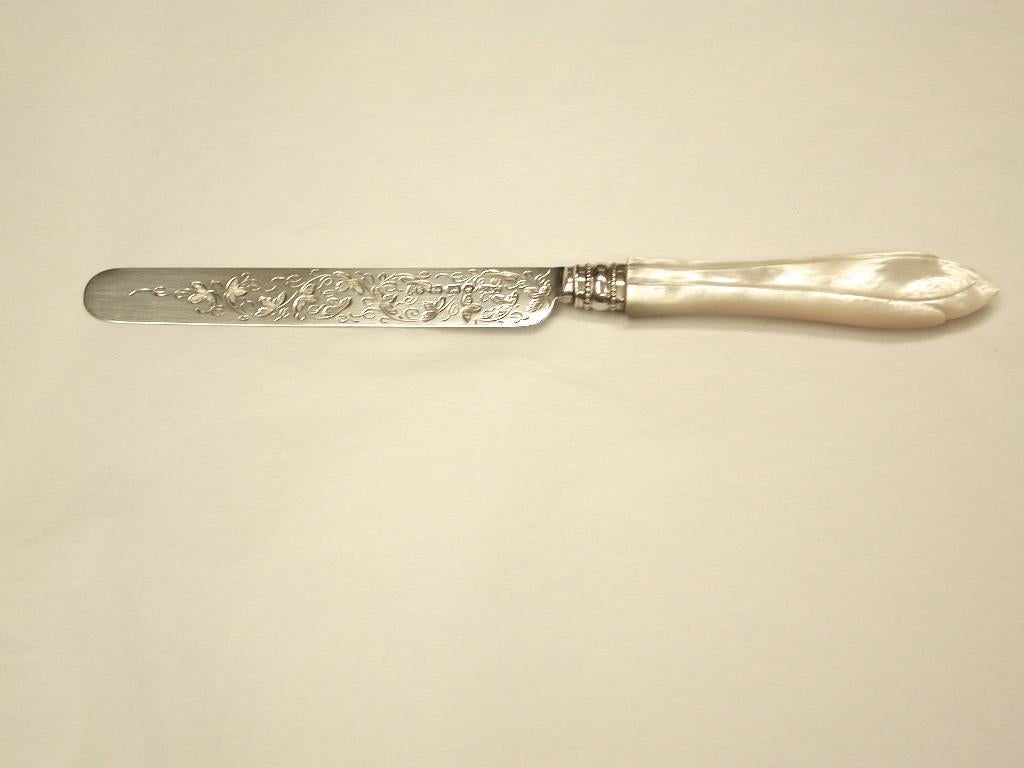 English Victorian Silver and Mother of Pearl Childs Knife Fork and Spoon Set, 1867
