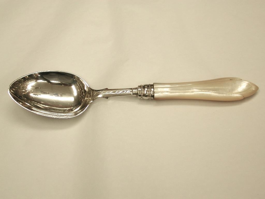 Mid-19th Century Victorian Silver and Mother of Pearl Childs Knife Fork and Spoon Set, 1867