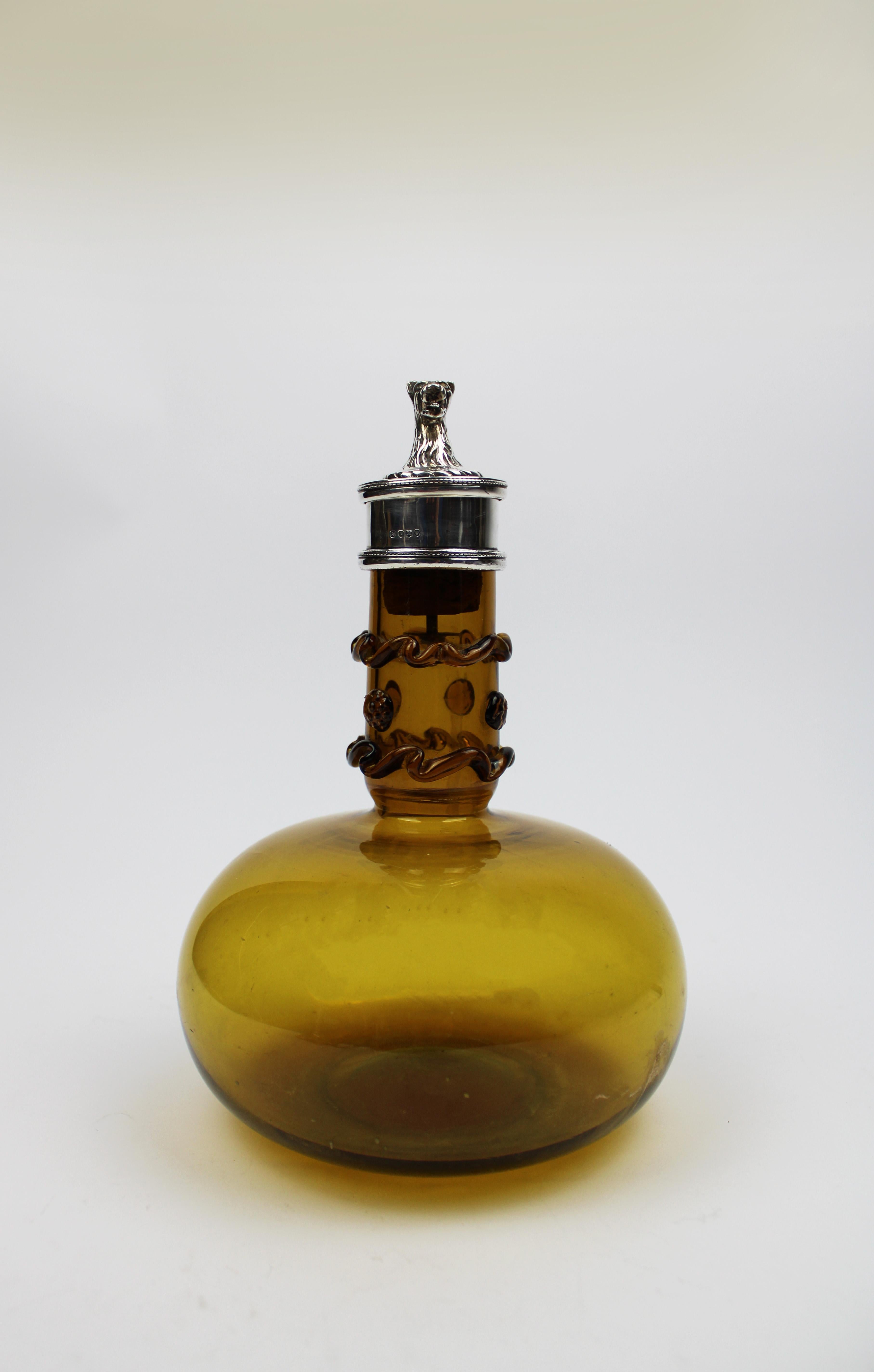 Gothic Revival Victorian Silver mounted Amber Decanter Lion Stopper Hallmarked London 1898 For Sale
