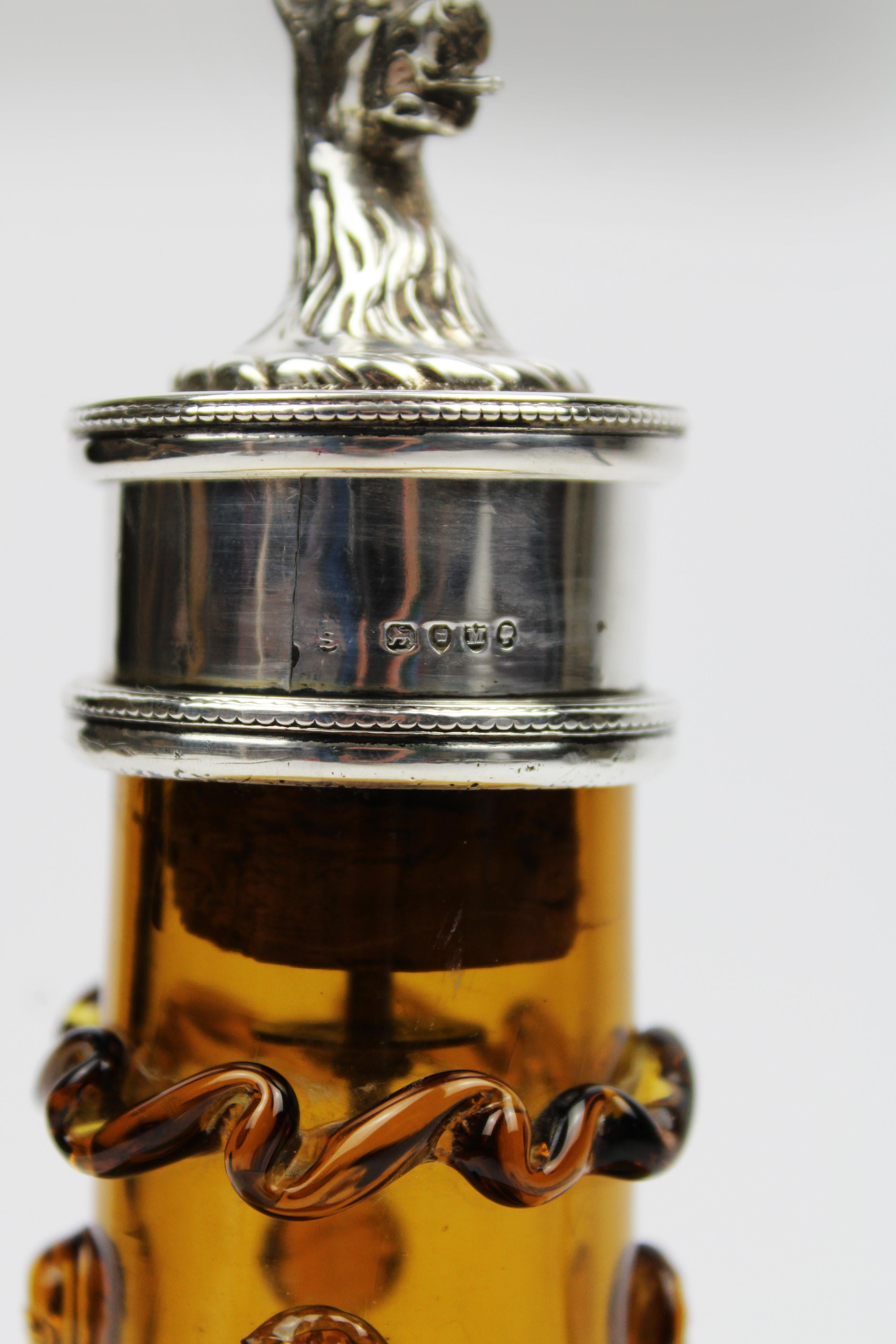 British Victorian Silver mounted Amber Decanter Lion Stopper Hallmarked London 1898 For Sale
