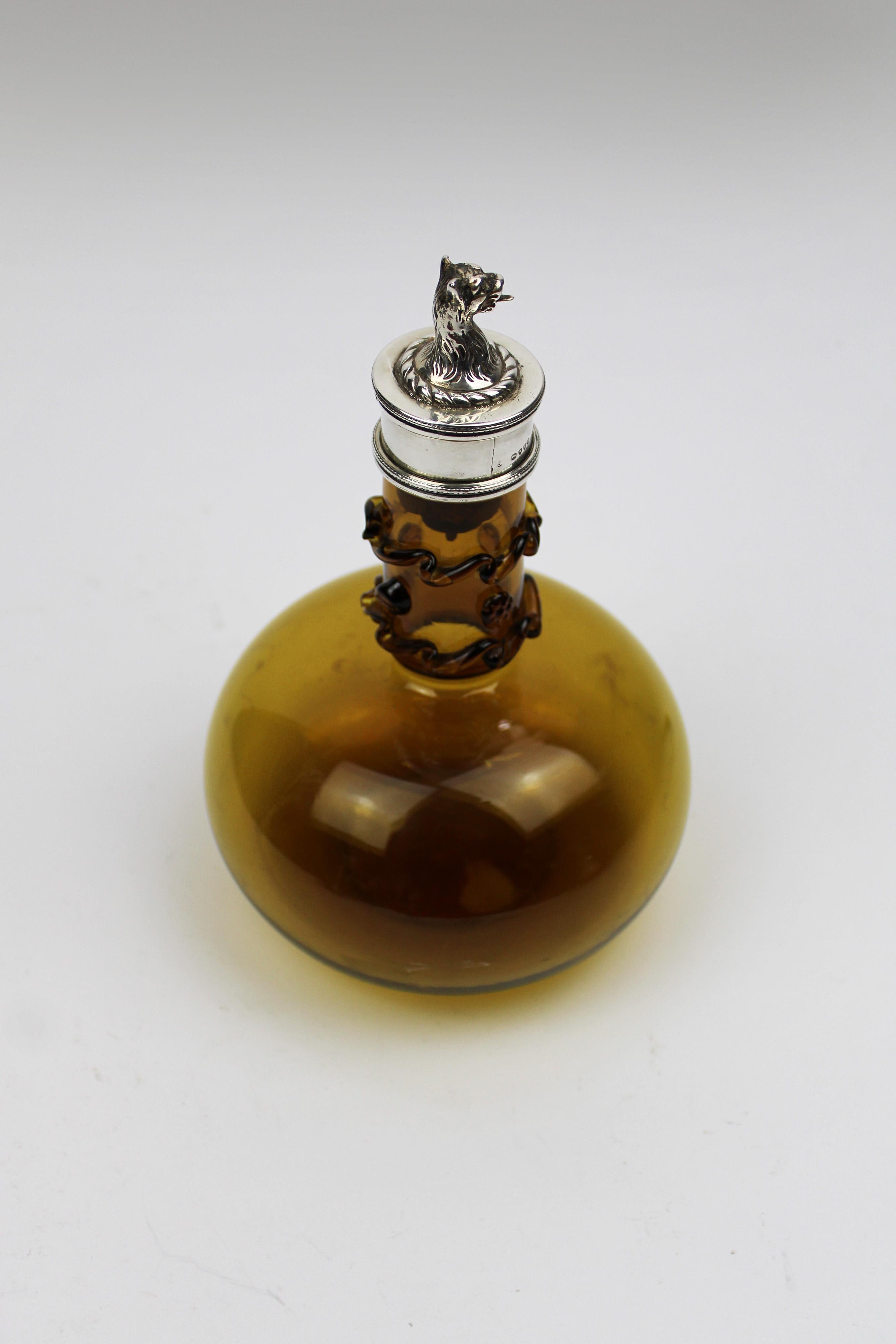 Sterling Silver Victorian Silver mounted Amber Decanter Lion Stopper Hallmarked London 1898 For Sale