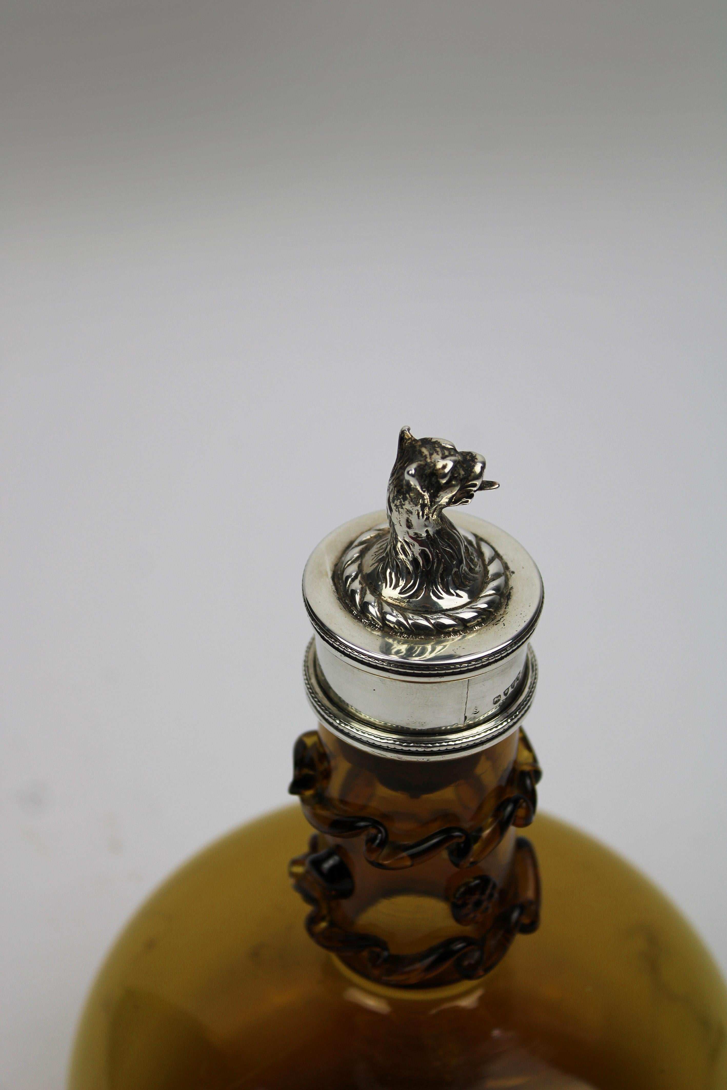 Victorian Silver mounted Amber Decanter Lion Stopper Hallmarked London 1898 For Sale 1