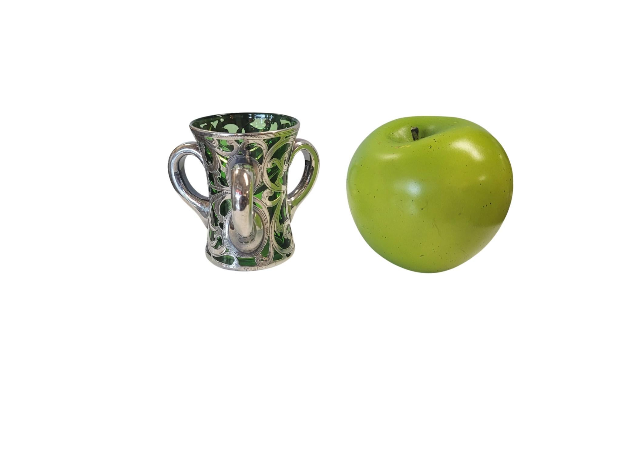 Victorian Silver Overlay Green Glass Tyg (Loving Cup), Late 19th–Early 20th C For Sale 6