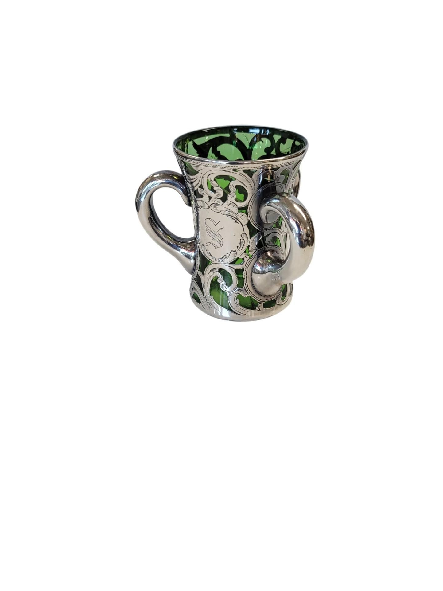 Victorian Silver Overlay Green Glass Tyg (Loving Cup), Late 19th–Early 20th C In Good Condition For Sale In North Palm Beach, FL