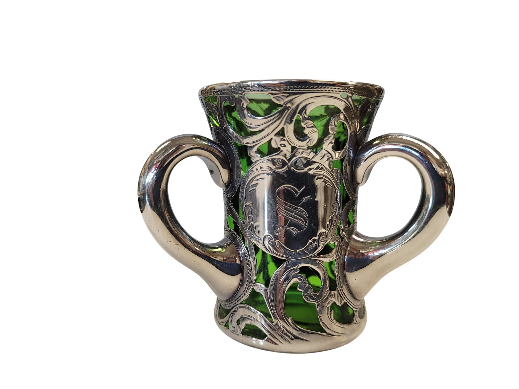 20th Century Victorian Silver Overlay Green Glass Tyg (Loving Cup), Late 19th–Early 20th C For Sale