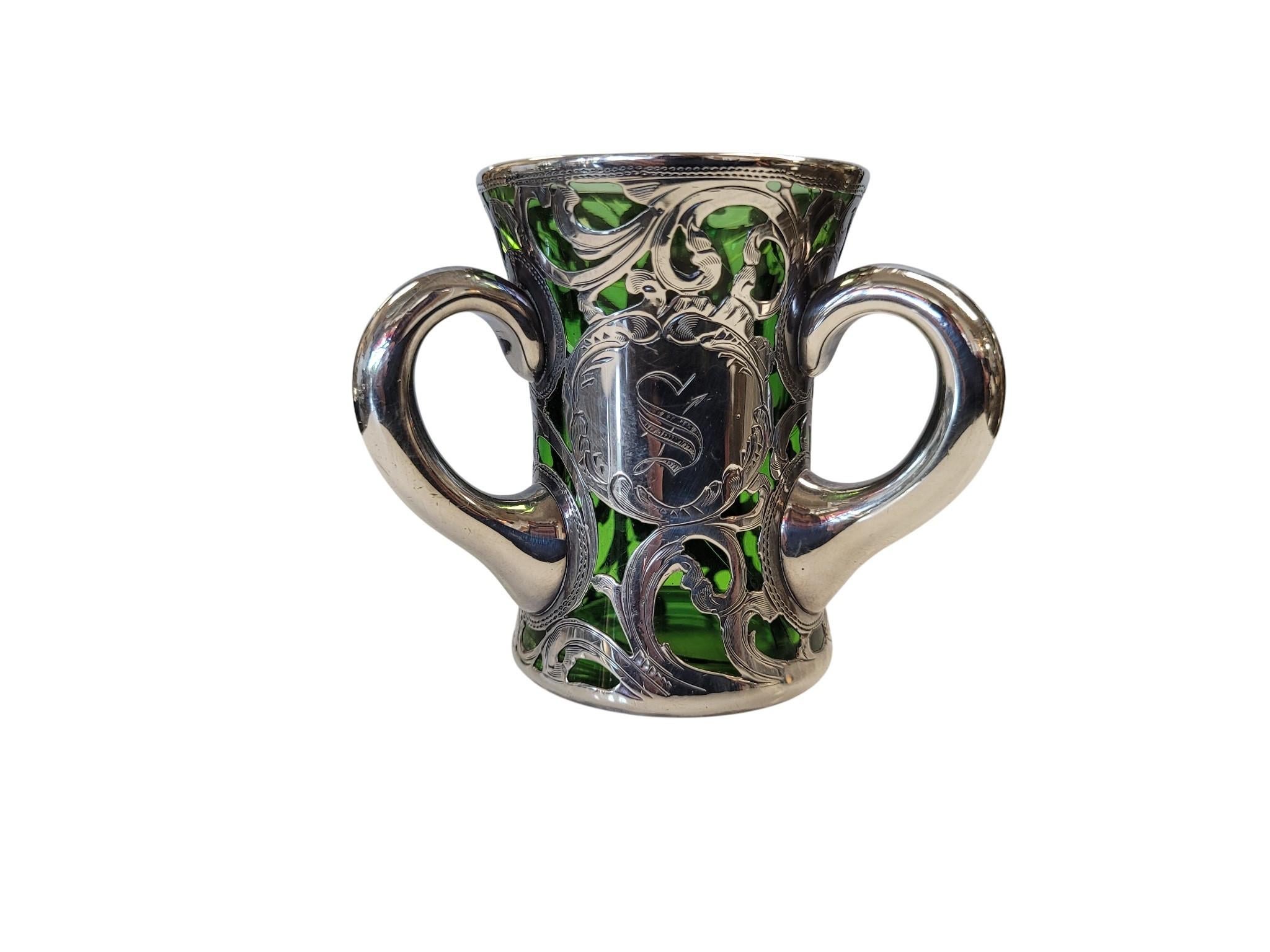 Art Glass Victorian Silver Overlay Green Glass Tyg (Loving Cup), Late 19th–Early 20th C For Sale