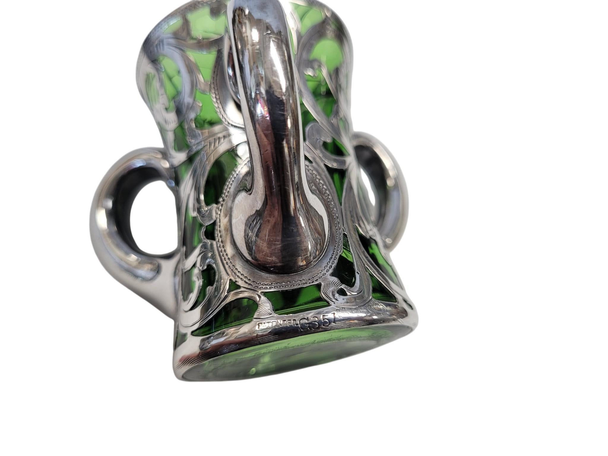 Victorian Silver Overlay Green Glass Tyg (Loving Cup), Late 19th–Early 20th C For Sale 3