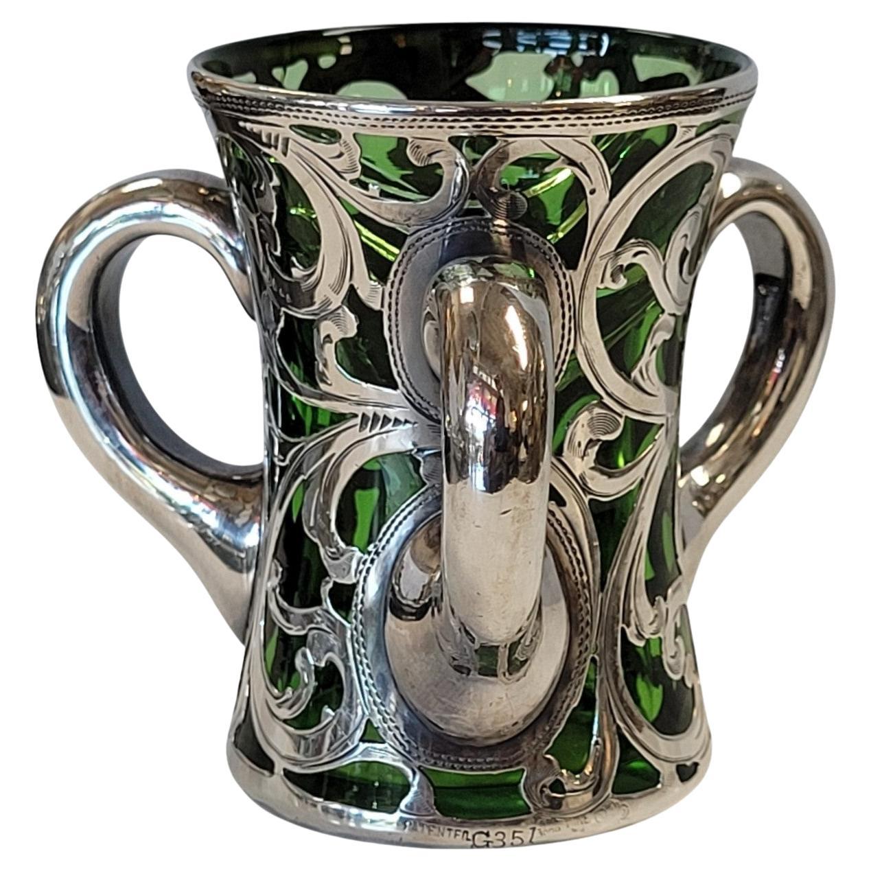 Victorian Silver Overlay Green Glass Tyg (Loving Cup), Late 19th–Early 20th C For Sale
