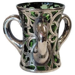 Antique Victorian Silver Overlay Green Glass Tyg (Loving Cup), Late 19th–Early 20th C