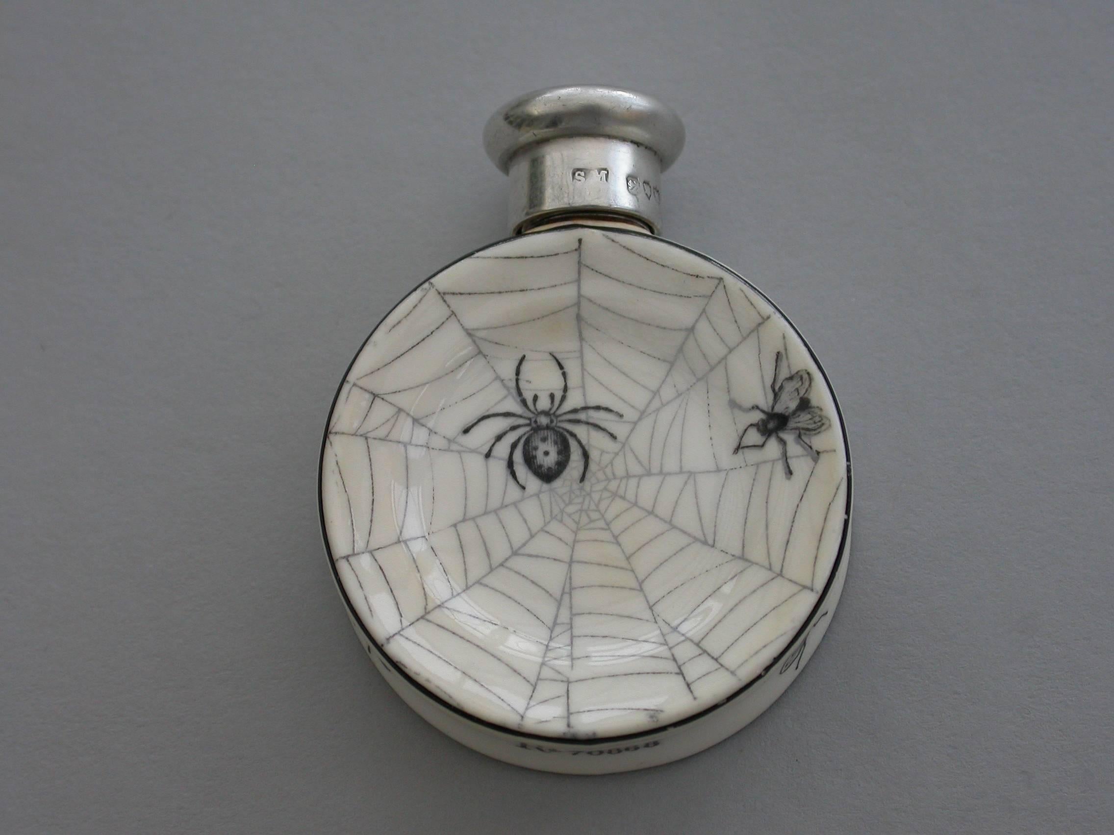 English Victorian Silver Mounted 'Spiders Web' Porcelain Scent Bottle. S Mordan, 1887