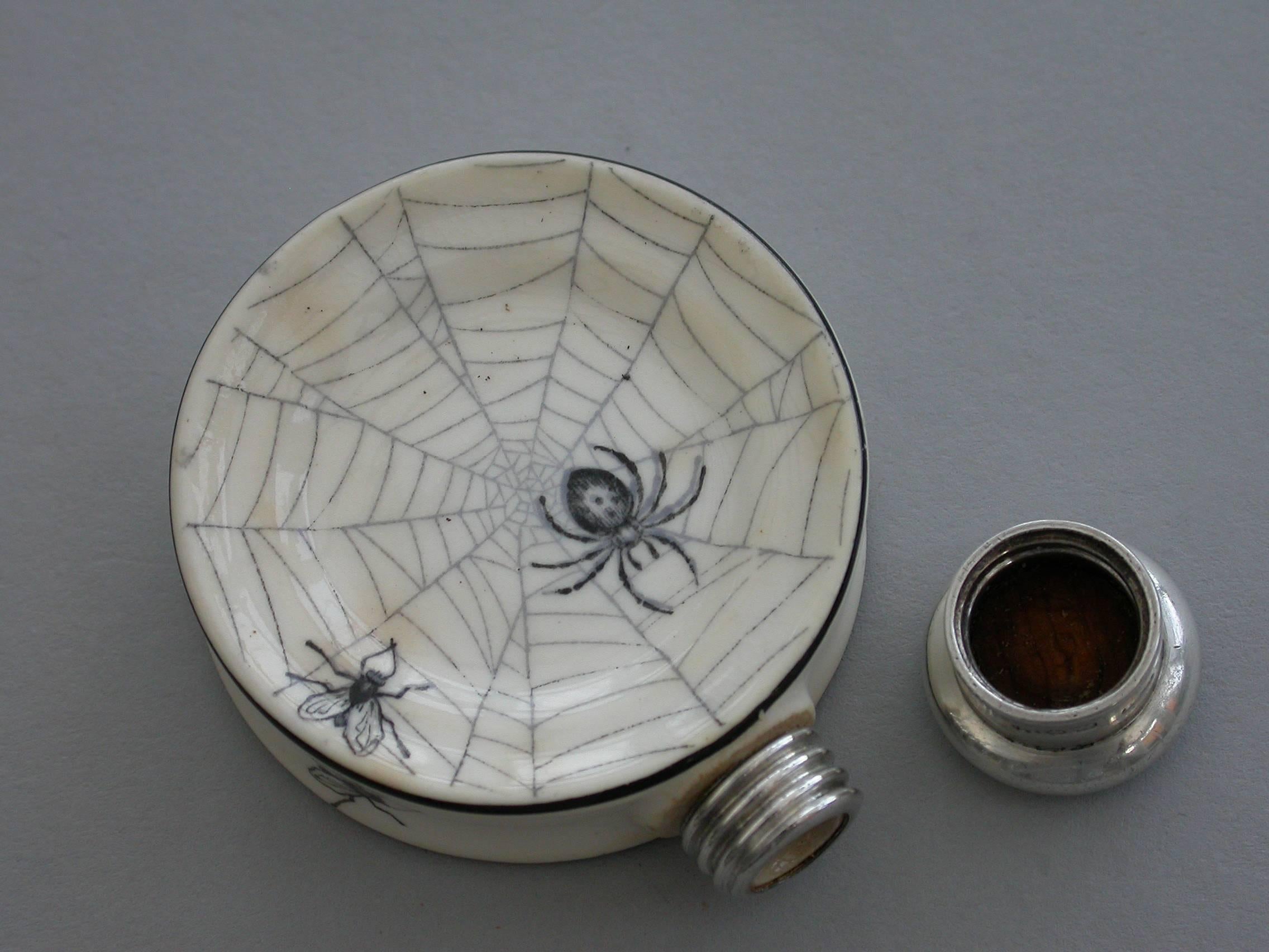 Victorian Silver Mounted 'Spiders Web' Porcelain Scent Bottle. S Mordan, 1887 2