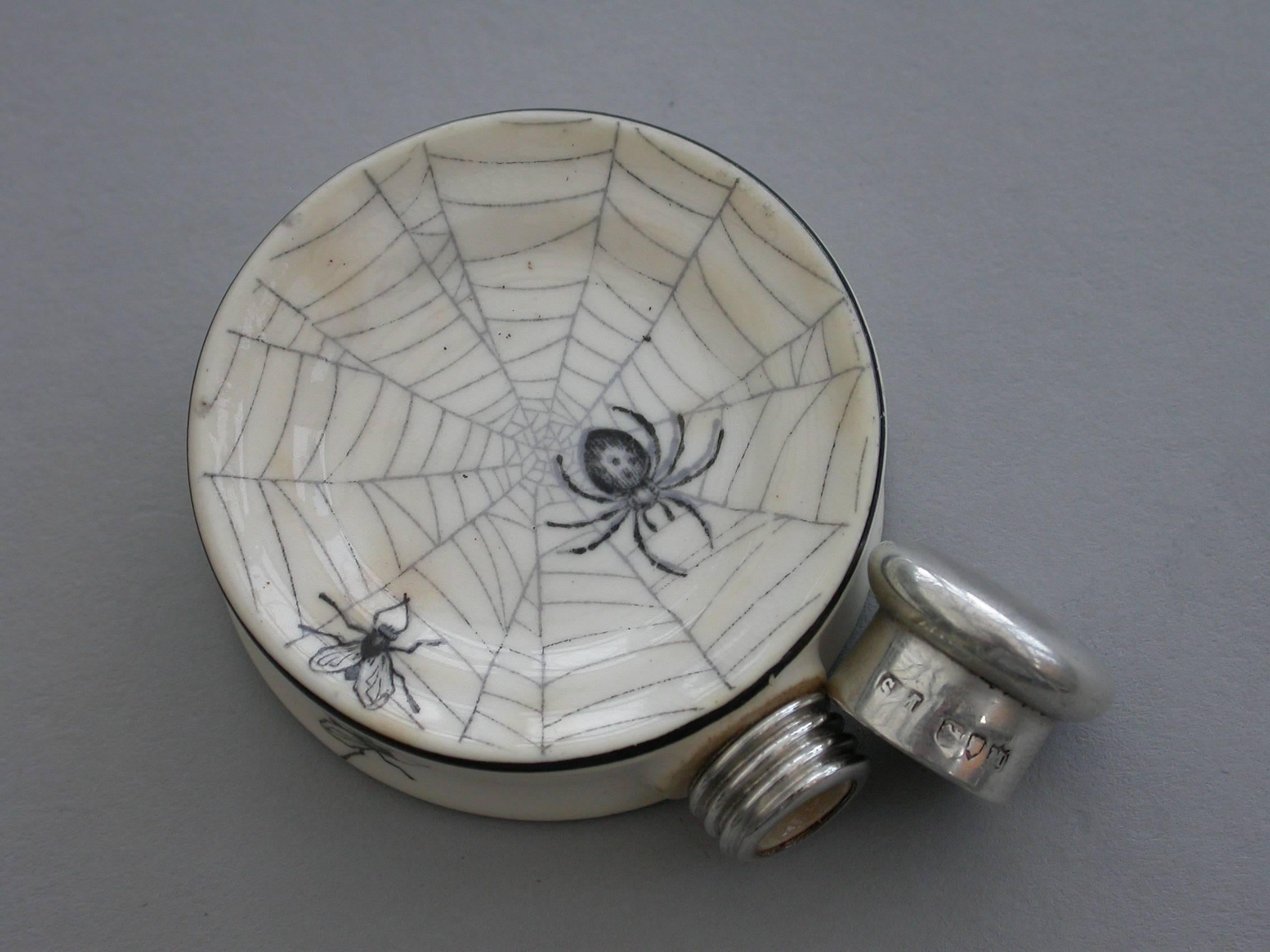 Victorian Silver Mounted 'Spiders Web' Porcelain Scent Bottle. S Mordan, 1887 3