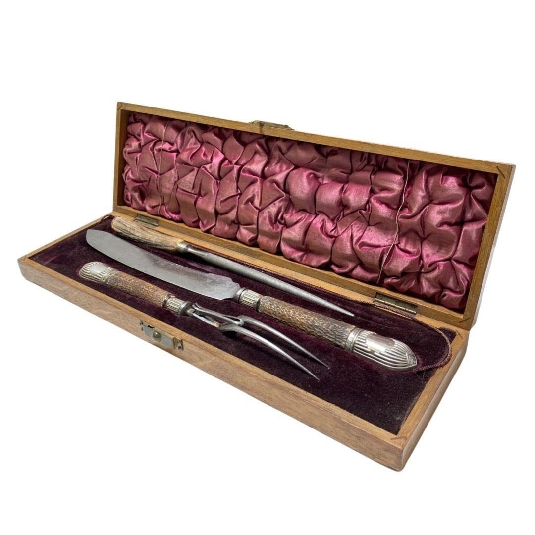 Victorian Silver Mounted Stag Handle 3 Piece Carving Set For Sale 5
