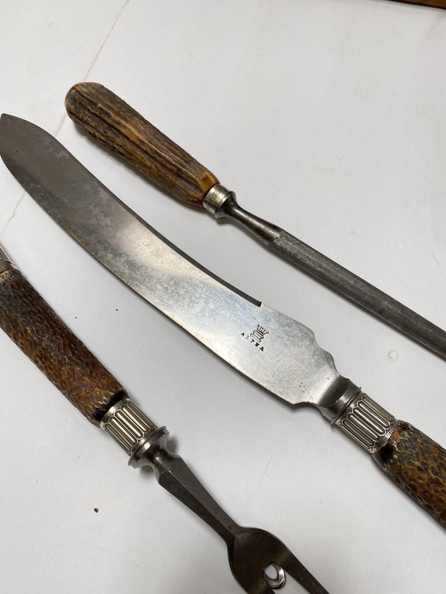 Late 19th Century Victorian Silver Mounted Stag Handle 3 Piece Carving Set For Sale