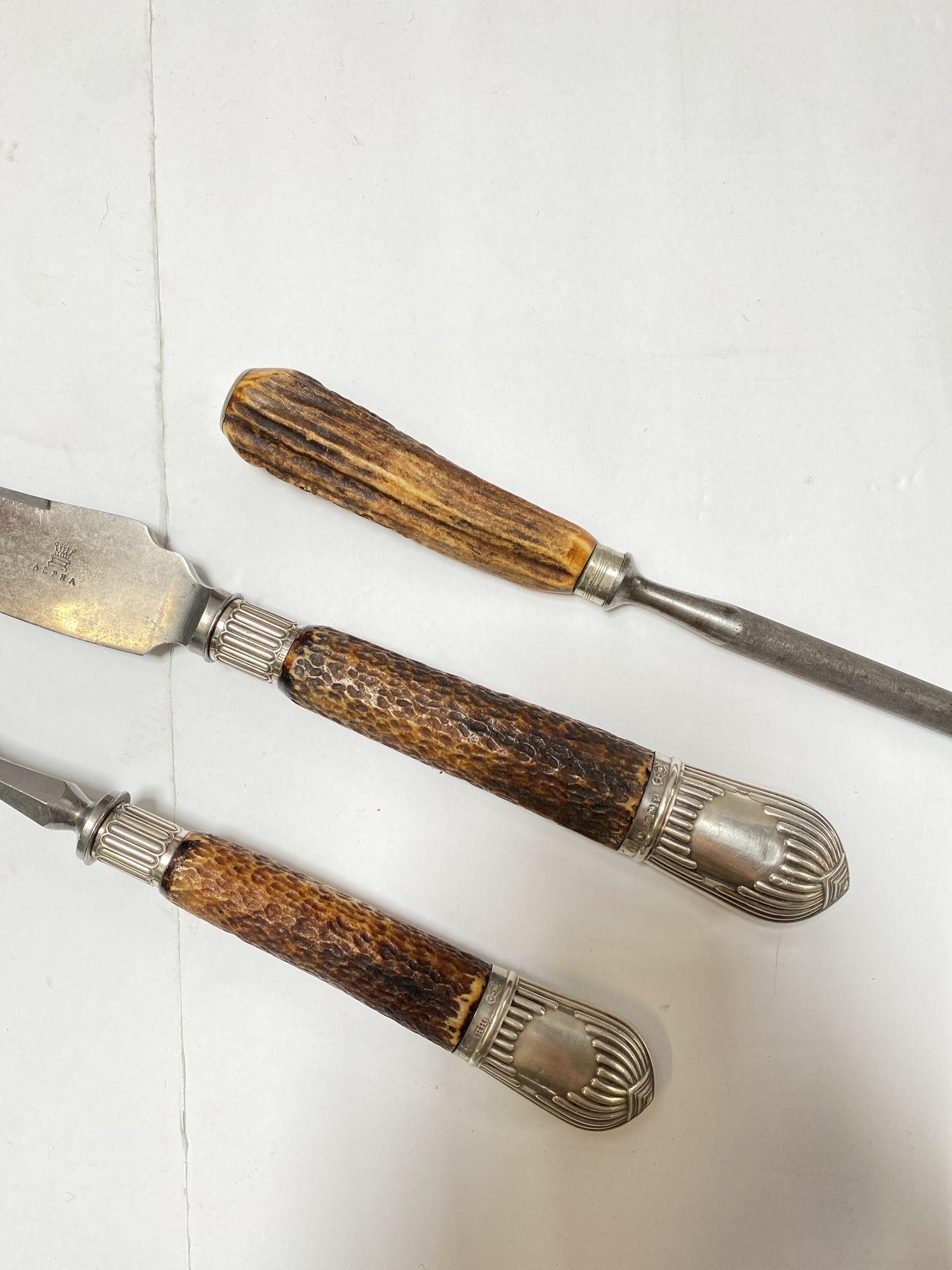Victorian Silver Mounted Stag Handle 3 Piece Carving Set For Sale 1