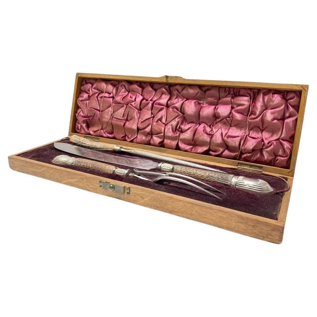Victorian Silver Mounted Stag Handle 3 Piece Carving Set For Sale