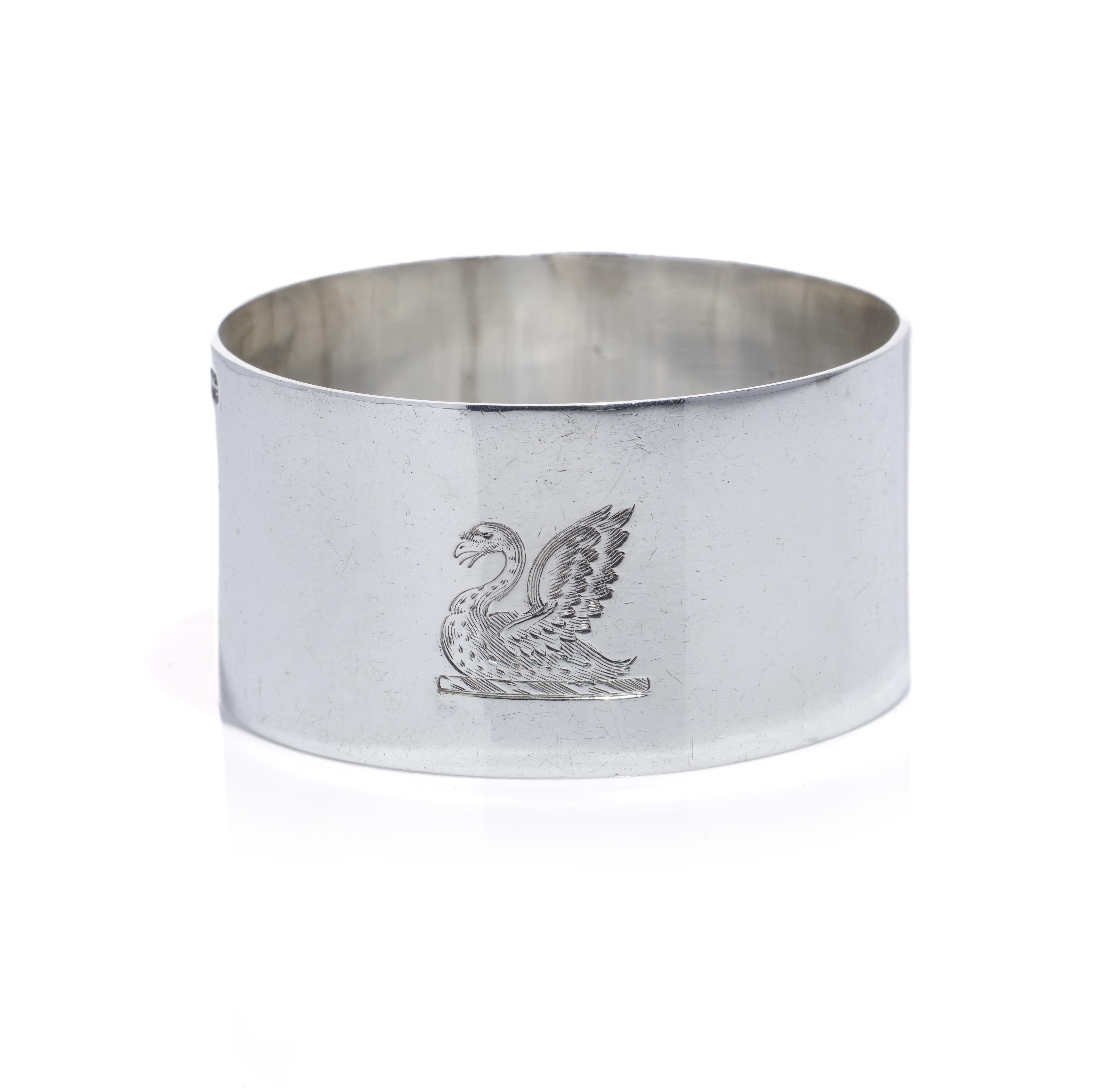 British Victorian  silver napkin ring set of 6 with swan design by Plante & Co. 1893  For Sale
