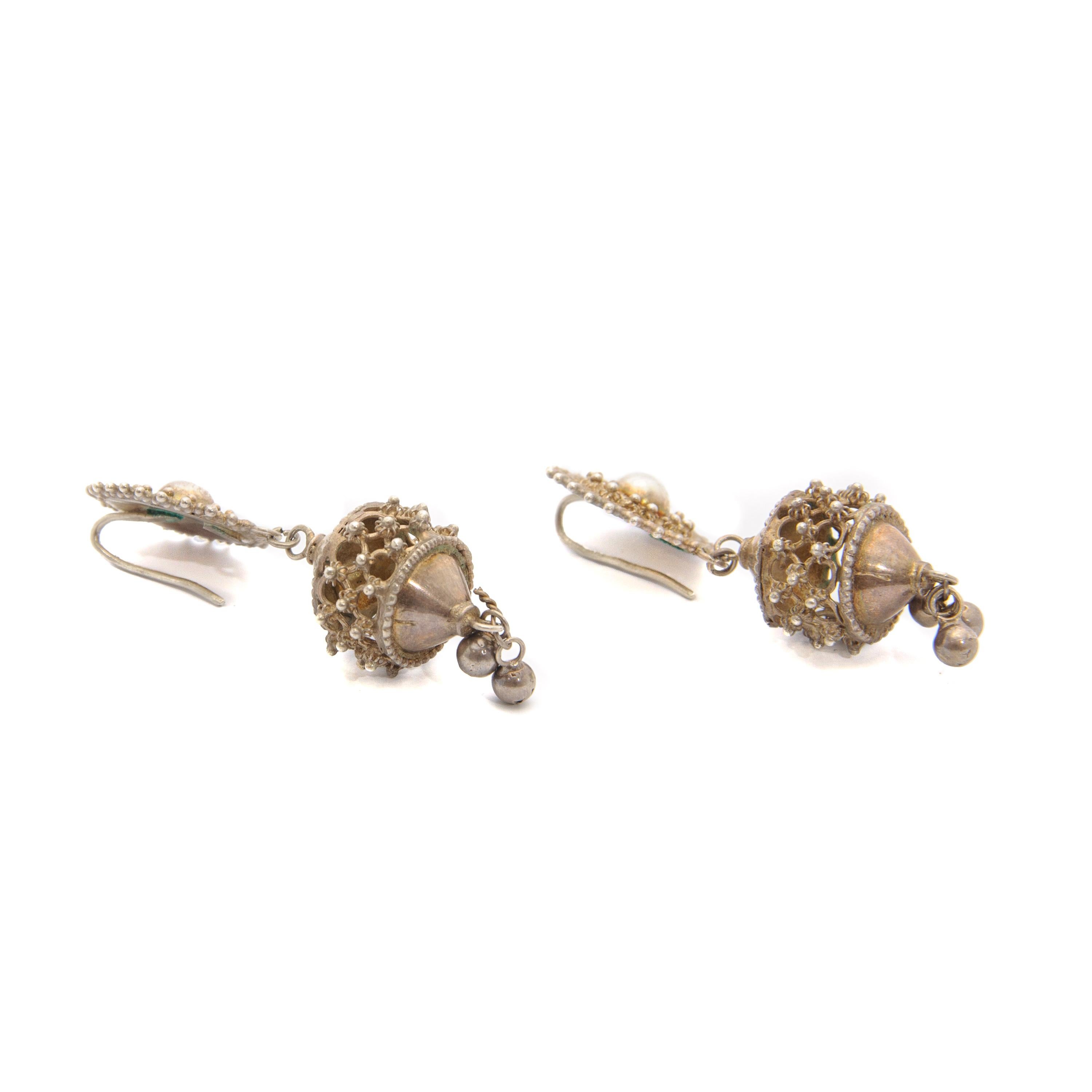 Women's Antique Silver Openwork Filigree Dangle Earrings For Sale