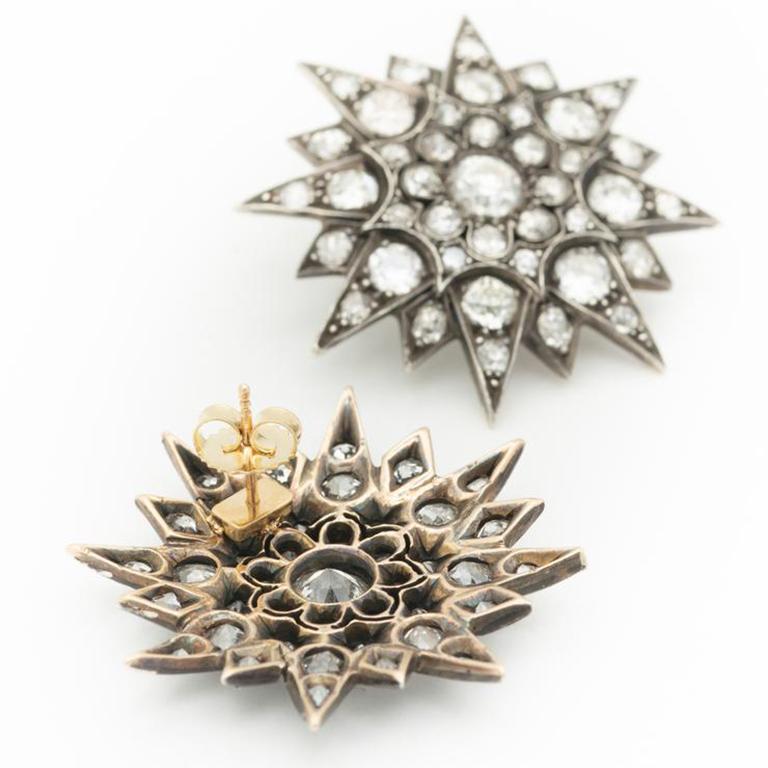 Victorian 7.50ct Old Mine and Old Euro Cut Diamond Silver and 18 Karat Yellow Gold Star Earrings c.1850

As fascination with astronomy grew throughout the Victorian era, the image of a star became one of the most popular motifs in fashion. Brooches,