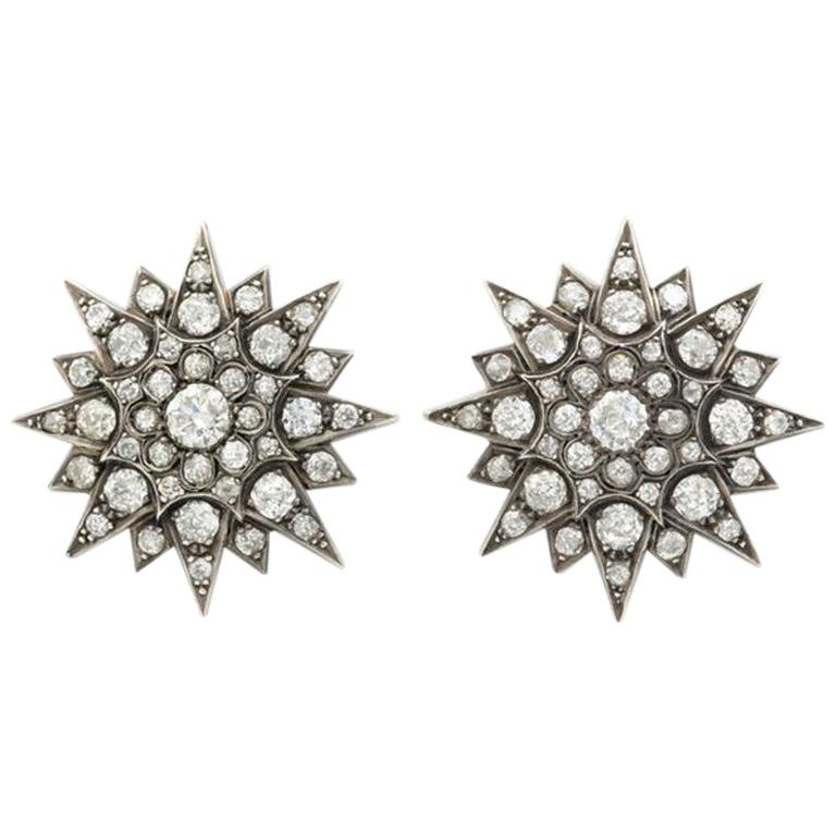 Victorian Silver Over Gold and 7.50 Carat Diamond Star Cluster Earrings C.1850s For Sale