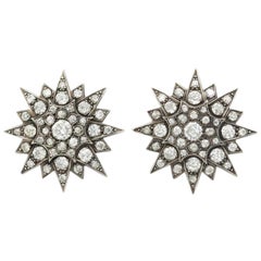 Victorian Silver Over Gold and 7.50 Carat Diamond Star Cluster Earrings C.1850s